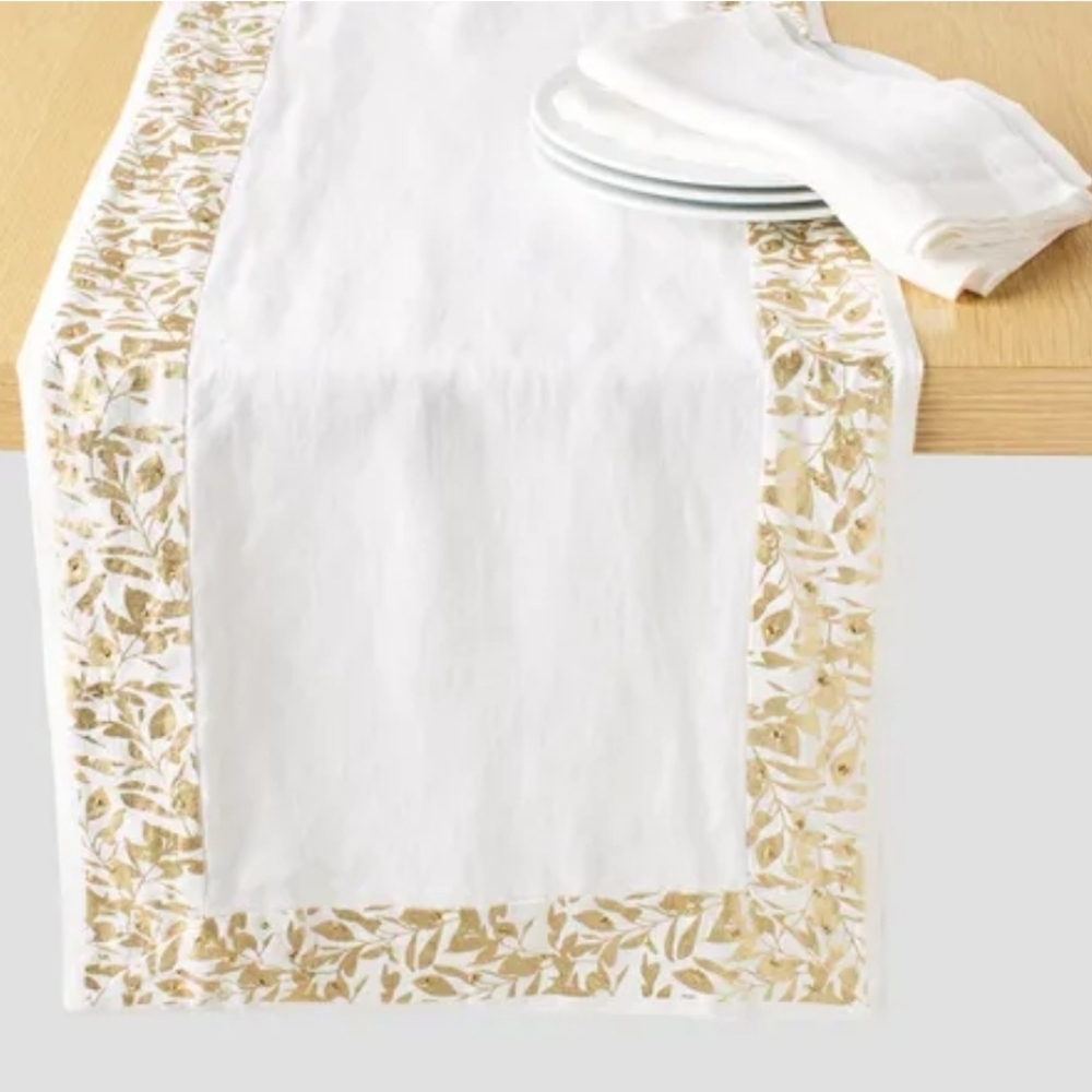 ❤️BUY 2 GET 1 FREE Sur La Table Gold Leaves Linen Runner,Retail Price $79.95 USD